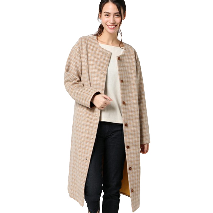 franchelippee 圆领羊毛格子大衣 驼色
