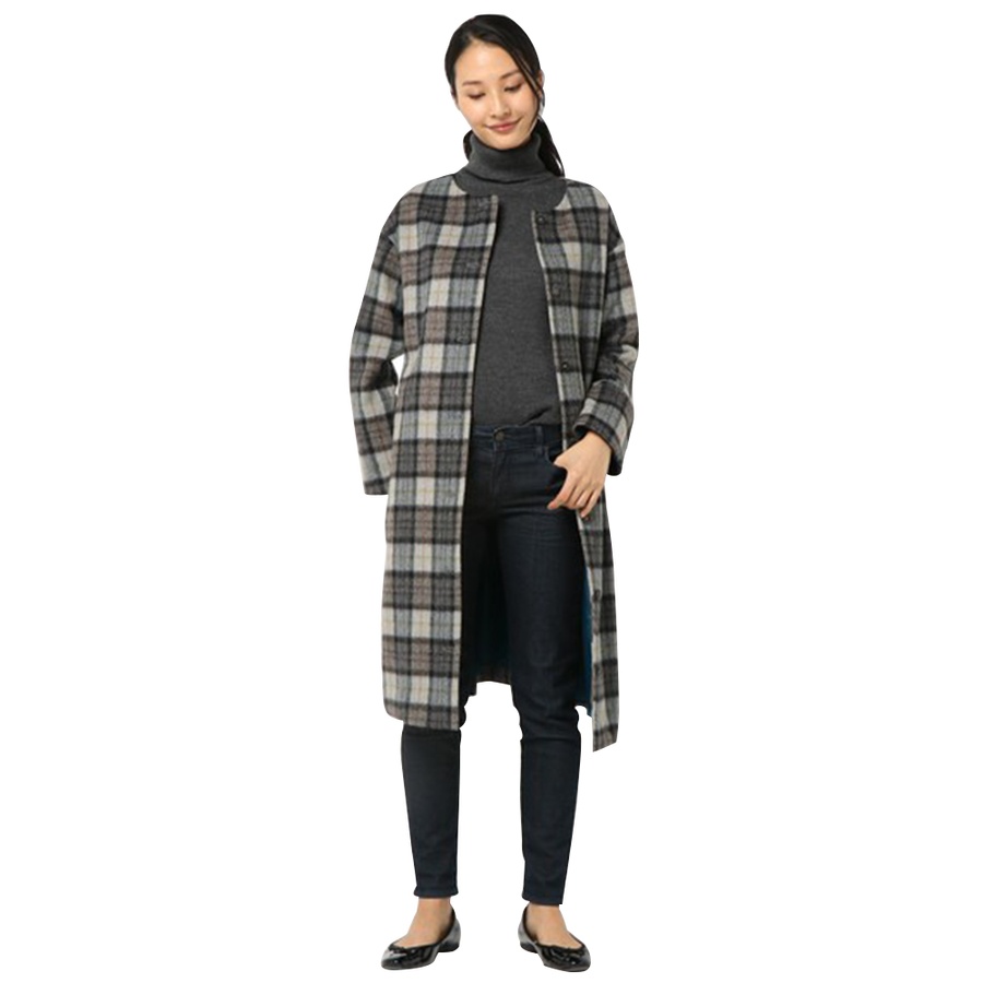 自营franchelippee 圆领羊毛格子大衣 灰色