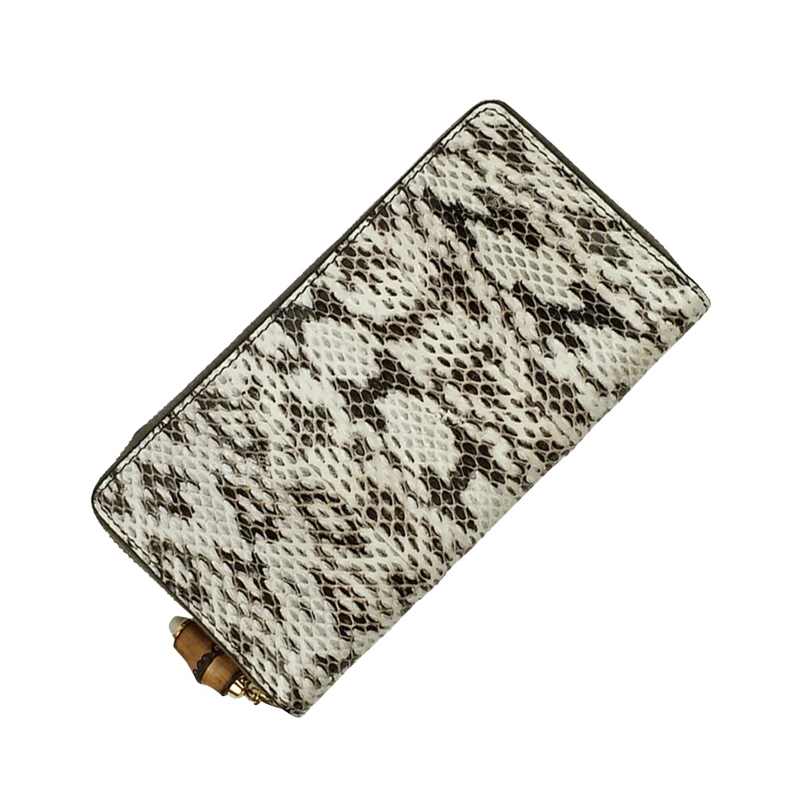 【古着】gucci 古驰 蛇纹圆角拉链长钱包(蟒蛇皮) 白色×黑色×灰色